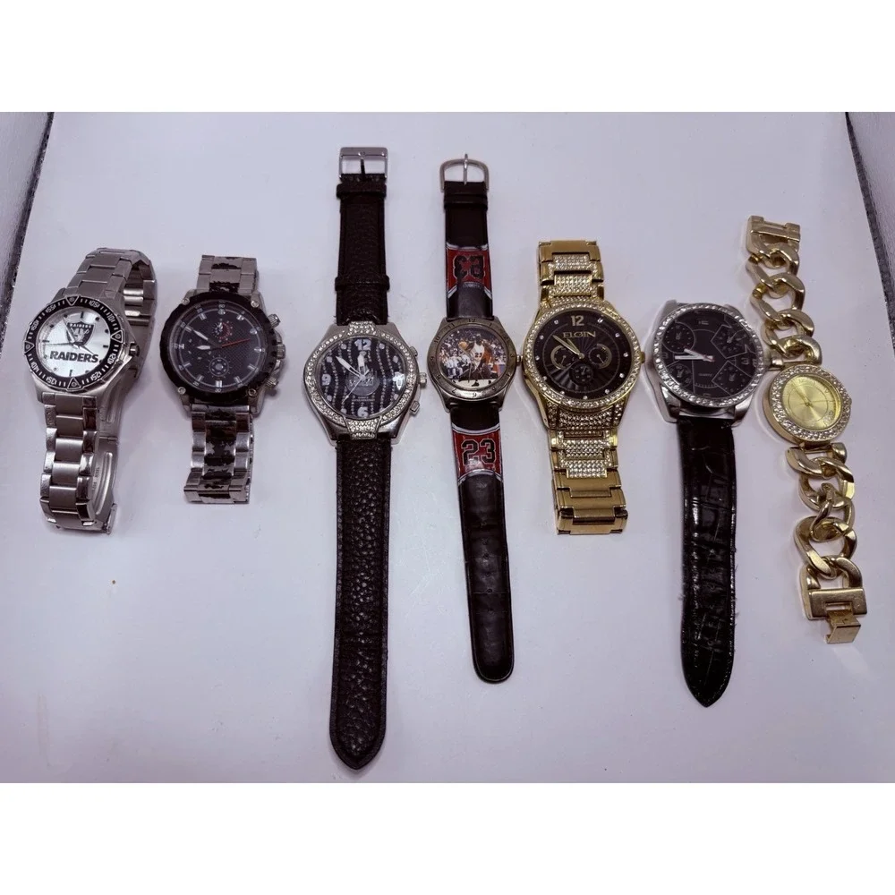 Lot of 7 Quartz Watches Elgin ICE Raiders Wilson As Is
